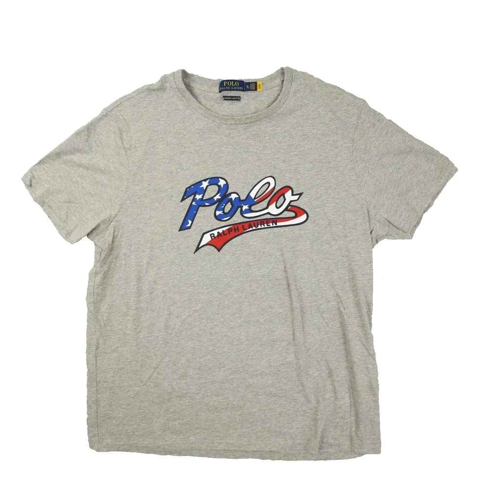 Polo Ralph Lauren Crew Neck T Shirt Mens XL Custom Slim Fit Logo Gray Flag Stars
