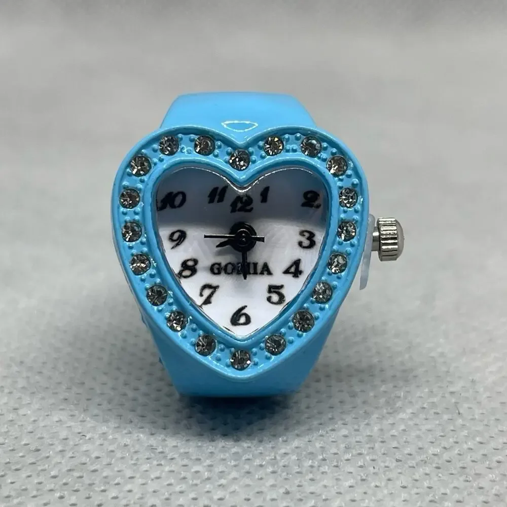 Retro Blue Enameled Stainless Steel Stretch Band Ring Watch With Rhinestones