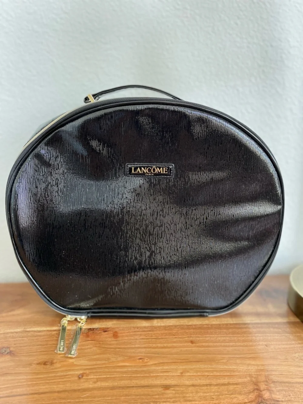Lancome Large Round Black Patent Leather-Look Makeup Case Travel Bag NWOT