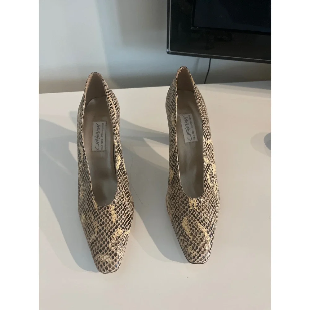 Made in Spain‎ Snakeskin Embossed Leather Pointed Toe Pumps Tan Gold 8.5B