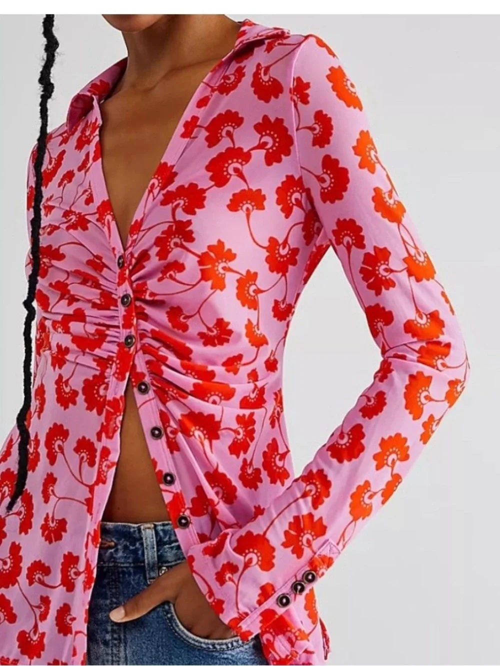 Free People Pink Button-Down Top with Red Floral Print
