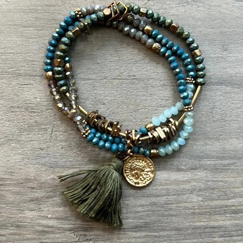 Bohemian Tasseled Charm Bracelet Teal Brown Gold Coin Fashion Costume Boho