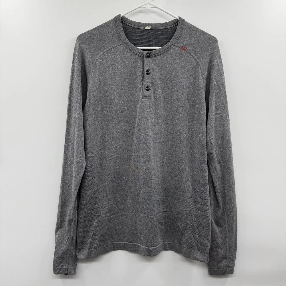 Lululemon Shirt Mens med Gray Henley Long Sleeve Athletic‎ Training Tee Gym Top