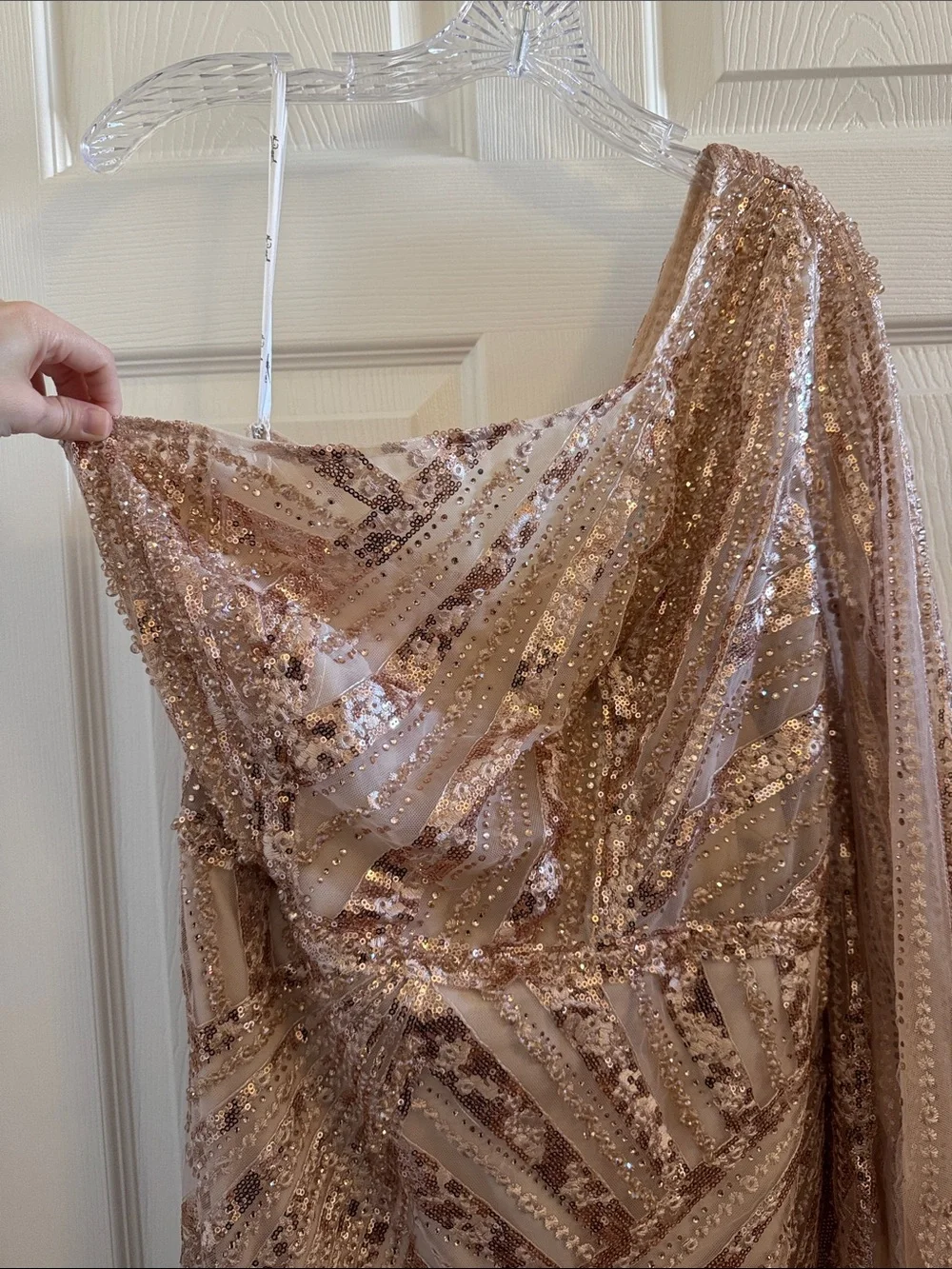 Mac Duggal 20528 Rose Gold One Shoulder Cape Sleeve Embellished Gown Size 14 NWT