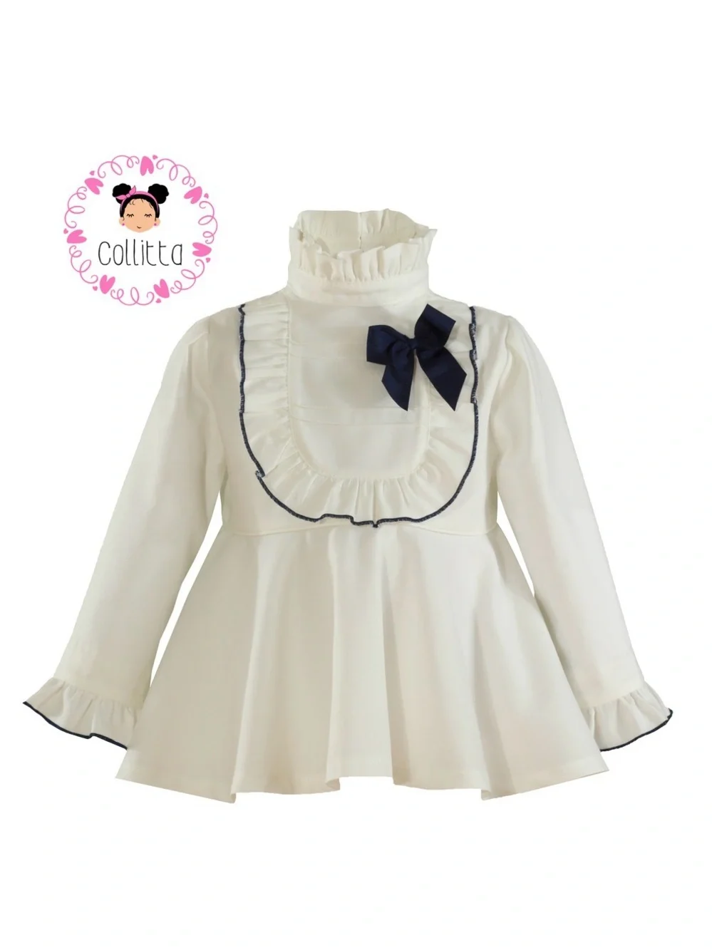 White Ruffle Neck Peplum Top with Navy Bow