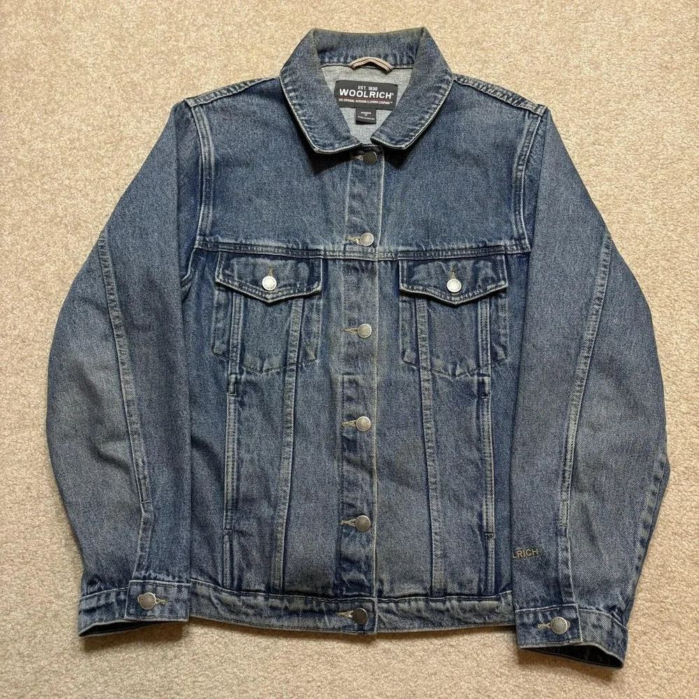 Woolrich Denim Jacket Womens Medium Blue Jean Trucker Snap Front Unlined Outdoor