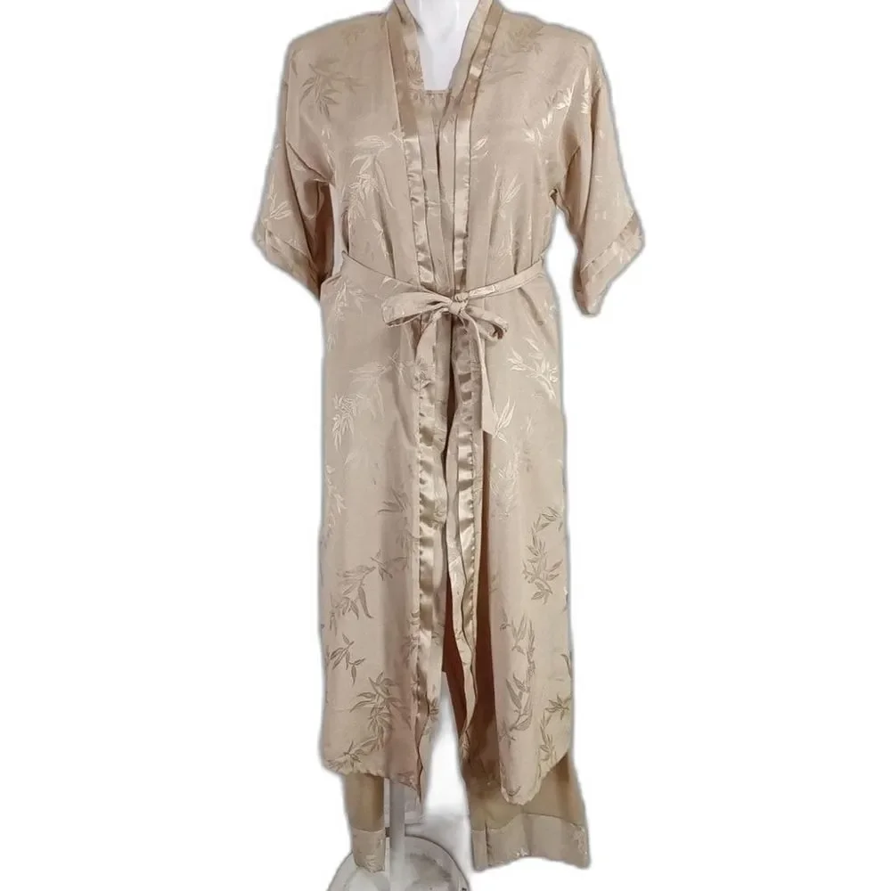 Petra Fashions 4 pc Night Pant Lounge Wear Robe‎ Belt Gold Floral Size L