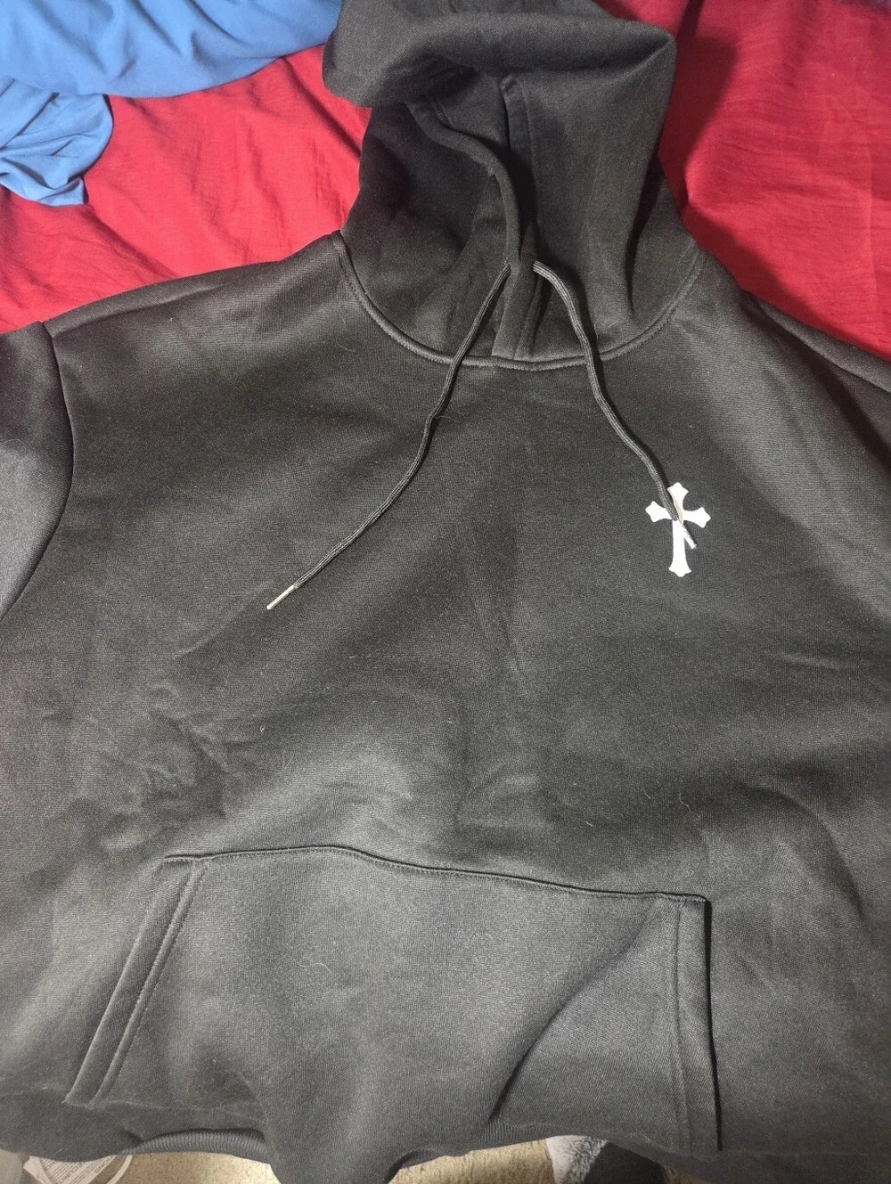 Men's Black Pullover Hoodie with Subtle White Cross Detail