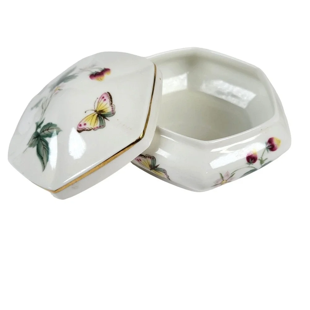 Vtg St. Michael Ashbourne Trinket Vanity Box Fine China Floral Butterfly Hexagon