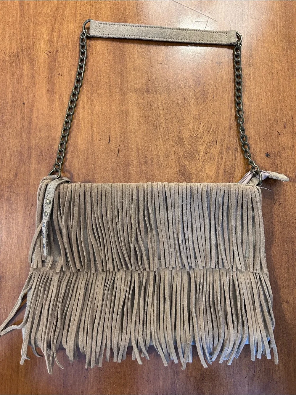 Faux Suede Fringe Crossbody Shoulder Bag in Taupe