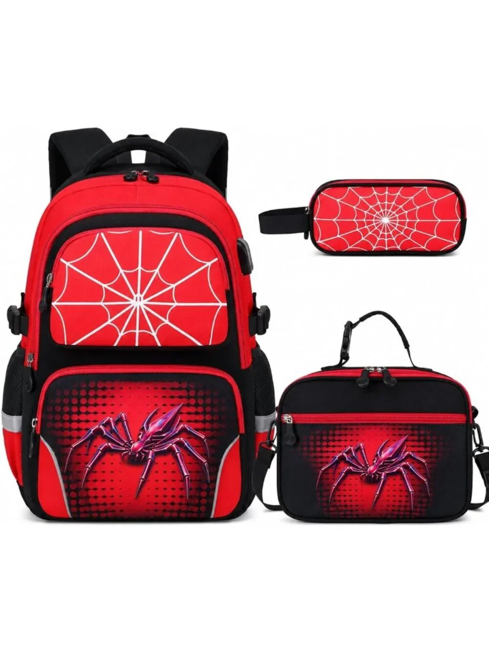 Luminous Spider Backpack Set for Boys - 3PCs with Lunch Box & Cool Design