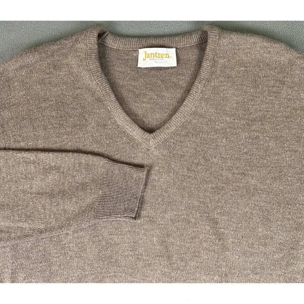 Jantzen Sweater Mens Large‎ Taupe Brown Vintage 80s Knit Eclectic Grandpa USA