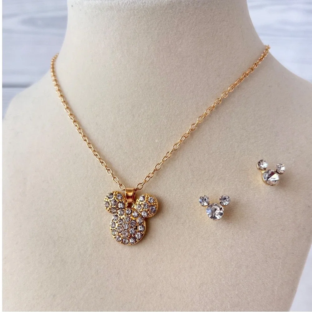 Mickey Mouse Rhinestone Necklace‎ and Earring Set Gold Tone Jewelry