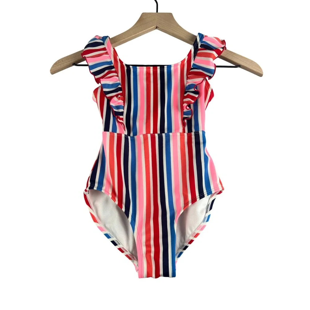 Striped Ruffle Girls Swimsuit One Piece‎ Red White Blue Pink Cute Swimwear