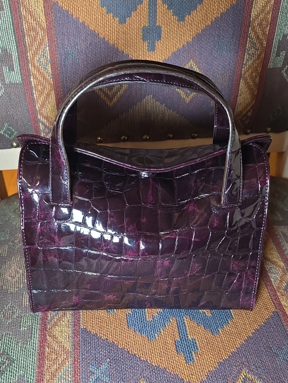 Vintage City DKNY Deep Purple Crocodile Embossed Top Handle Bag Tote EUC