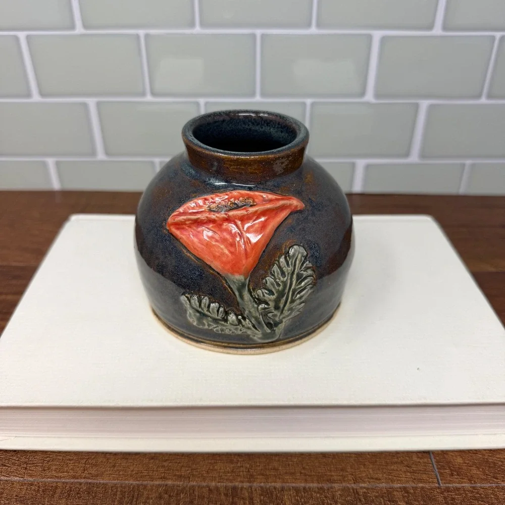Signed‎ EMS Studio Pottery Poppy Weed Pot Vase Teal Brown Handcrafted 1.25lbs
