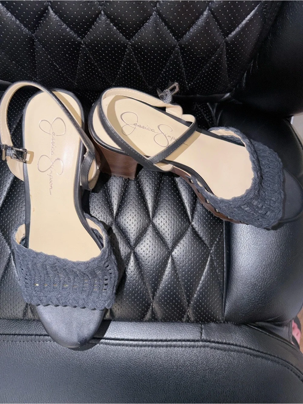 Jessica Simpson Black Knit Platform Sandals with Wood-Effect Block Heel
