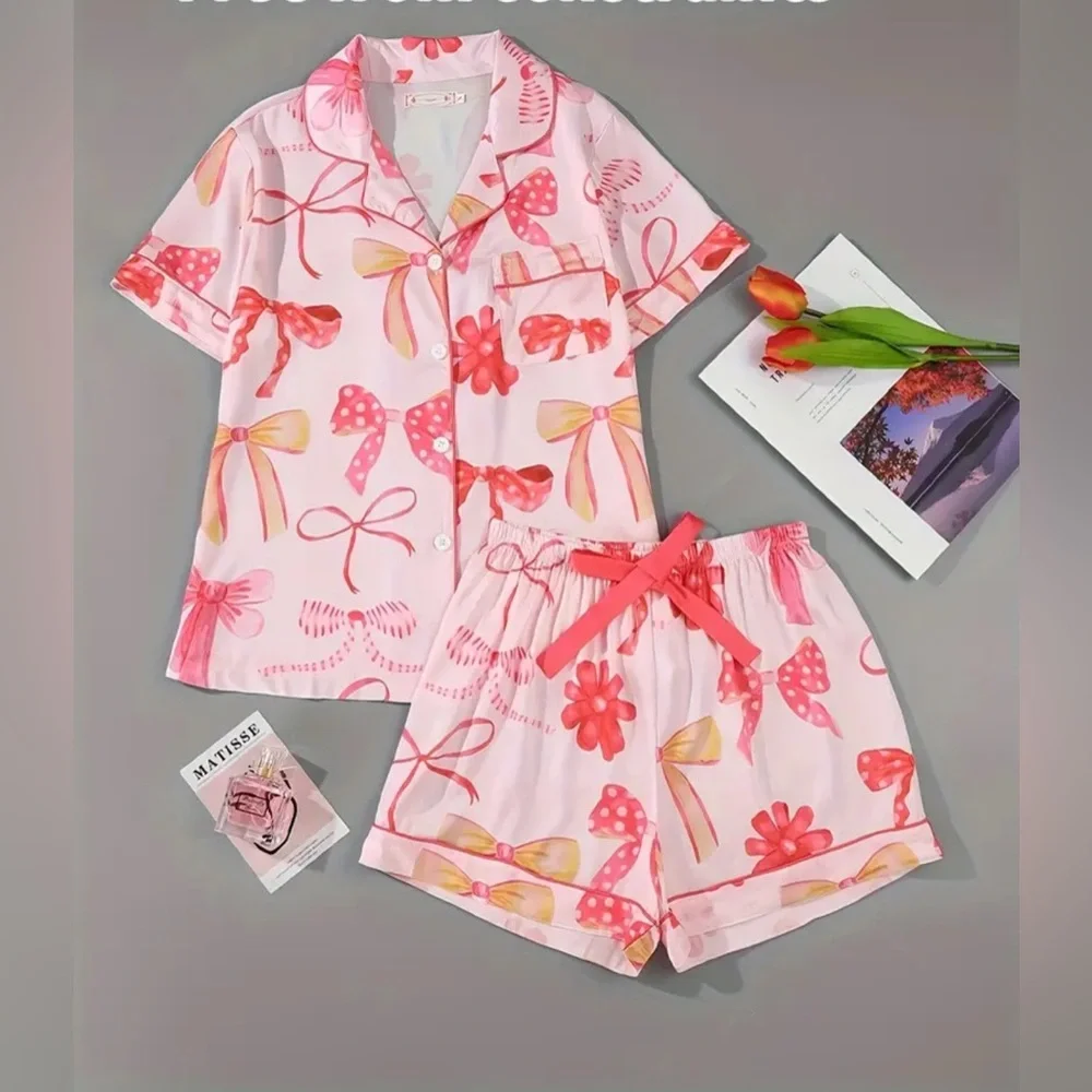 Pink Bow and Floral Print Women's Pajama Set Size XS Romantic Valentine’s Day