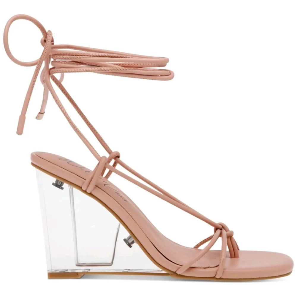 WILD PAIR Womens Nude Beige Santeago Square Toe Wedge‎ Heeled Thong Sandals 9.5