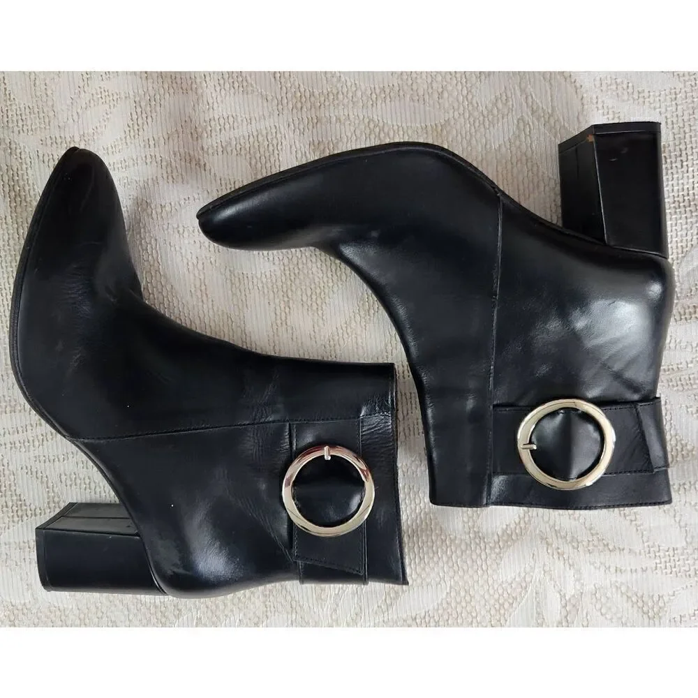 Marroqui Sanchez black leather ankle boots zip up deco silver buckle 31/2