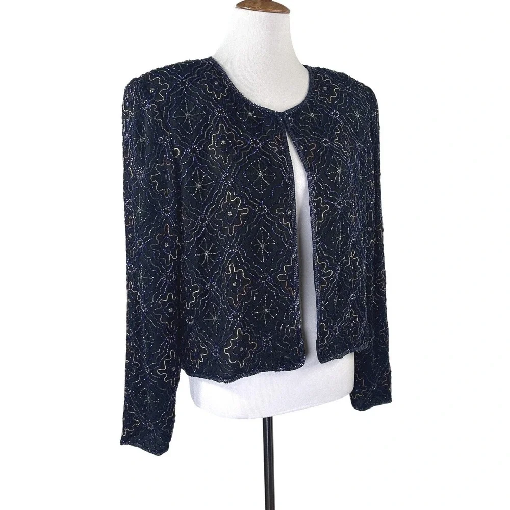 Vintage Stenay Jacket 100% Silk Sequin Beaded Black Formal Evening‎ Women's XL?