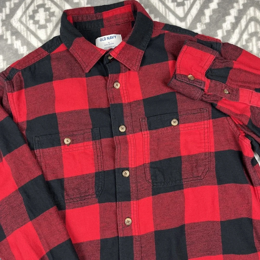 Old Navy Flannel‎ Shirt Mens M Red Buffalo Plaid 100% Cotton Classic Lumberjack