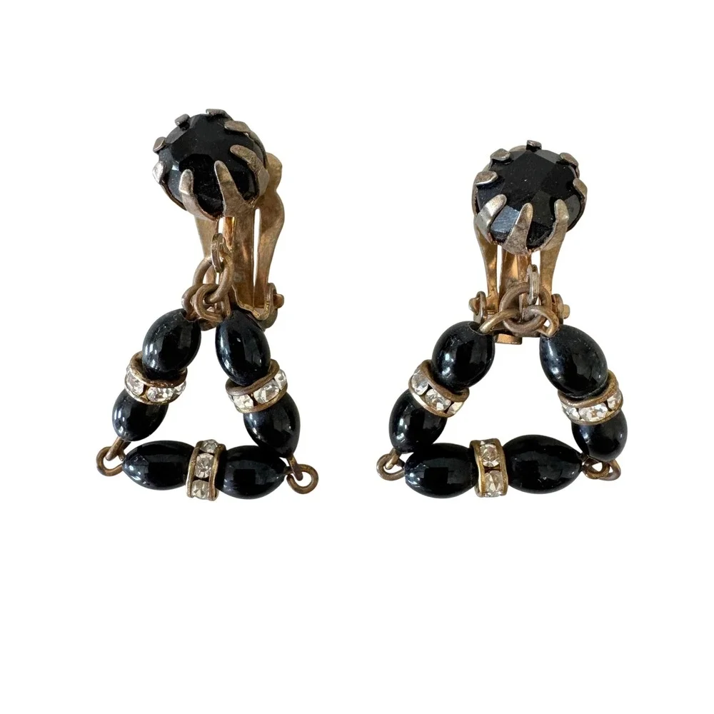 Vintage Black Bead Rhinestone Rondelle Triangle Dangling Statement Clip Earrings
