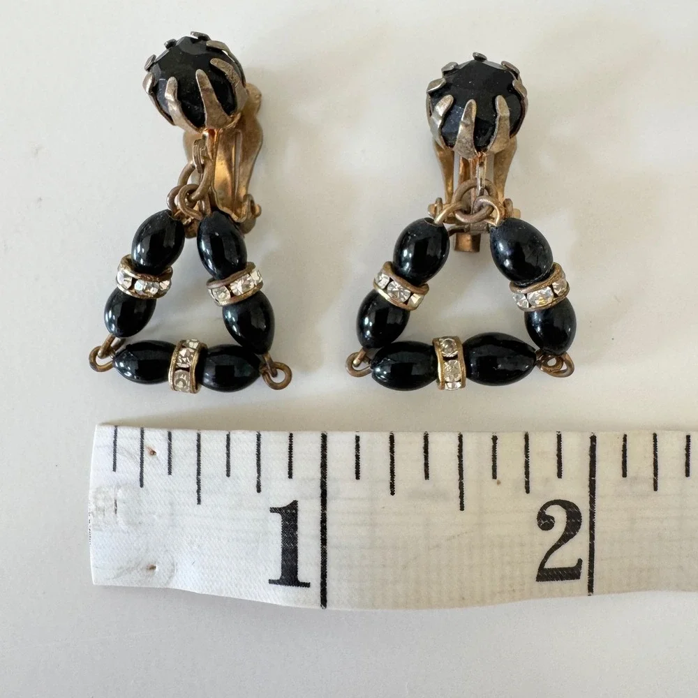 Vintage Black Bead Rhinestone Rondelle Triangle Dangling Statement Clip Earrings