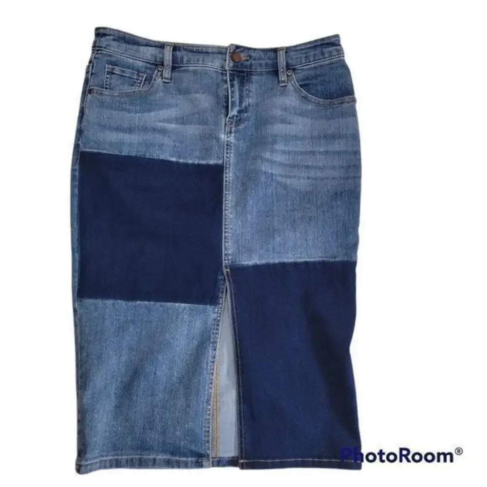 New York & Company Denim Dark Patches Blue‎ Pencil Skirt color block Y2K size 4