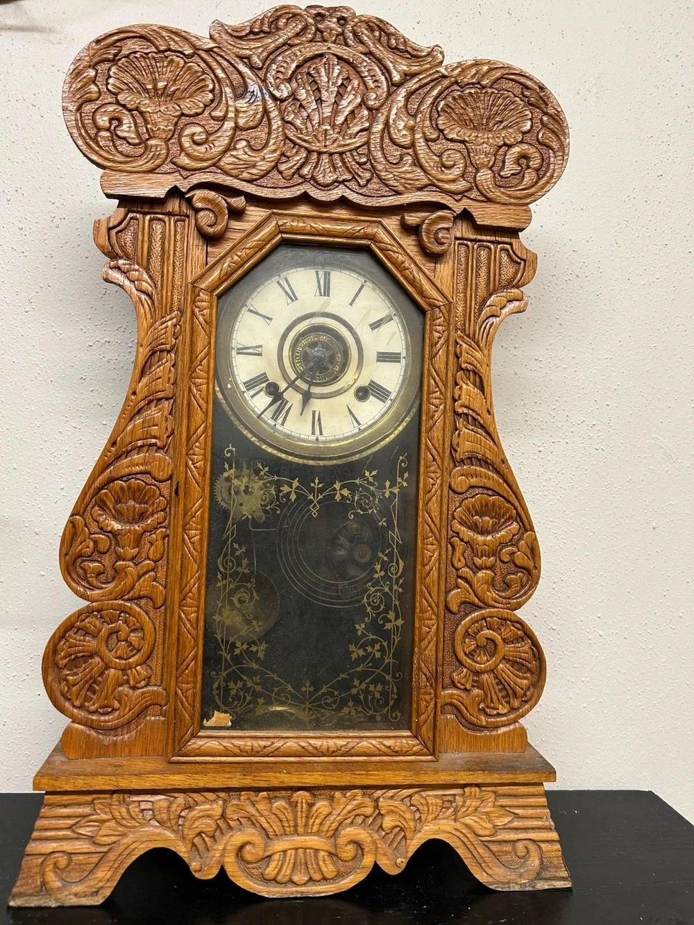 Vintage Antique Mantel Ornate Clock Carved Wooden Mantel Clock - Brown