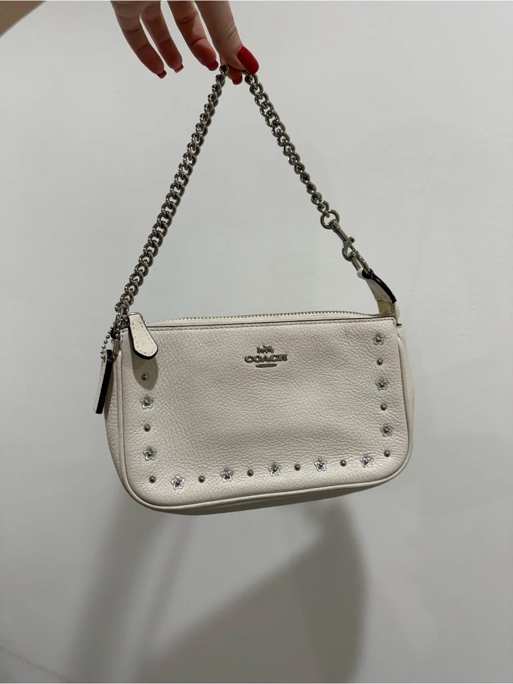 Coach Cream Pebbled Leather Studded Shoulder Bag with Silver Chain