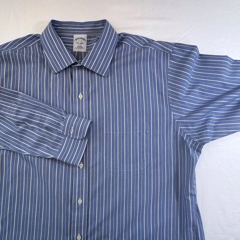 Brooks Brothers Mens Slim Fit‎ Non-Iron Striped Dress Shirt 17 37 Blue White
