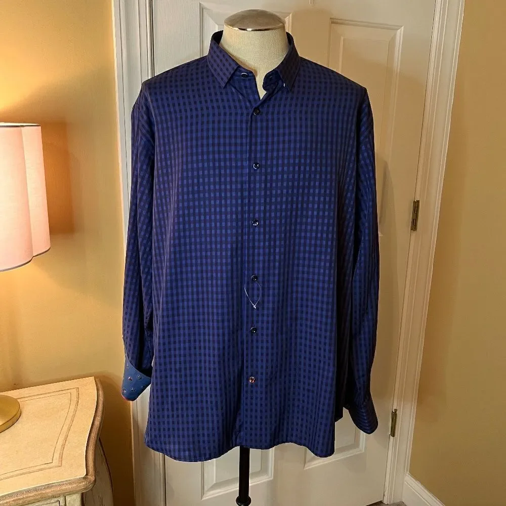 NWOT Men's Visconti Black Blue Gingham Button Down Flip Cuff Shirt Size XXL 2XL