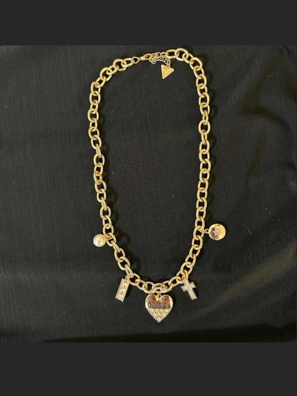 GUESS Gold-Tone Charm Chain Necklace with Heart and Cross Charms - Gold