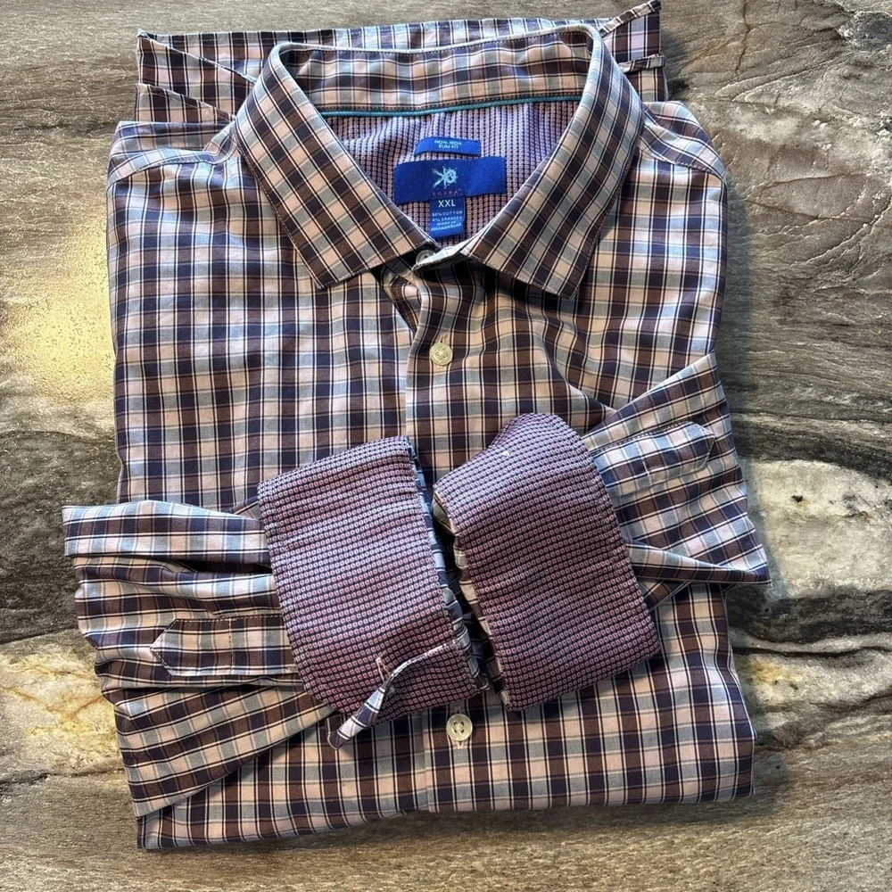 Egara Non-Iron Slim Fit Size 2XL Cotton/Spandex Stretch Plaid Purple‎ Pink Long