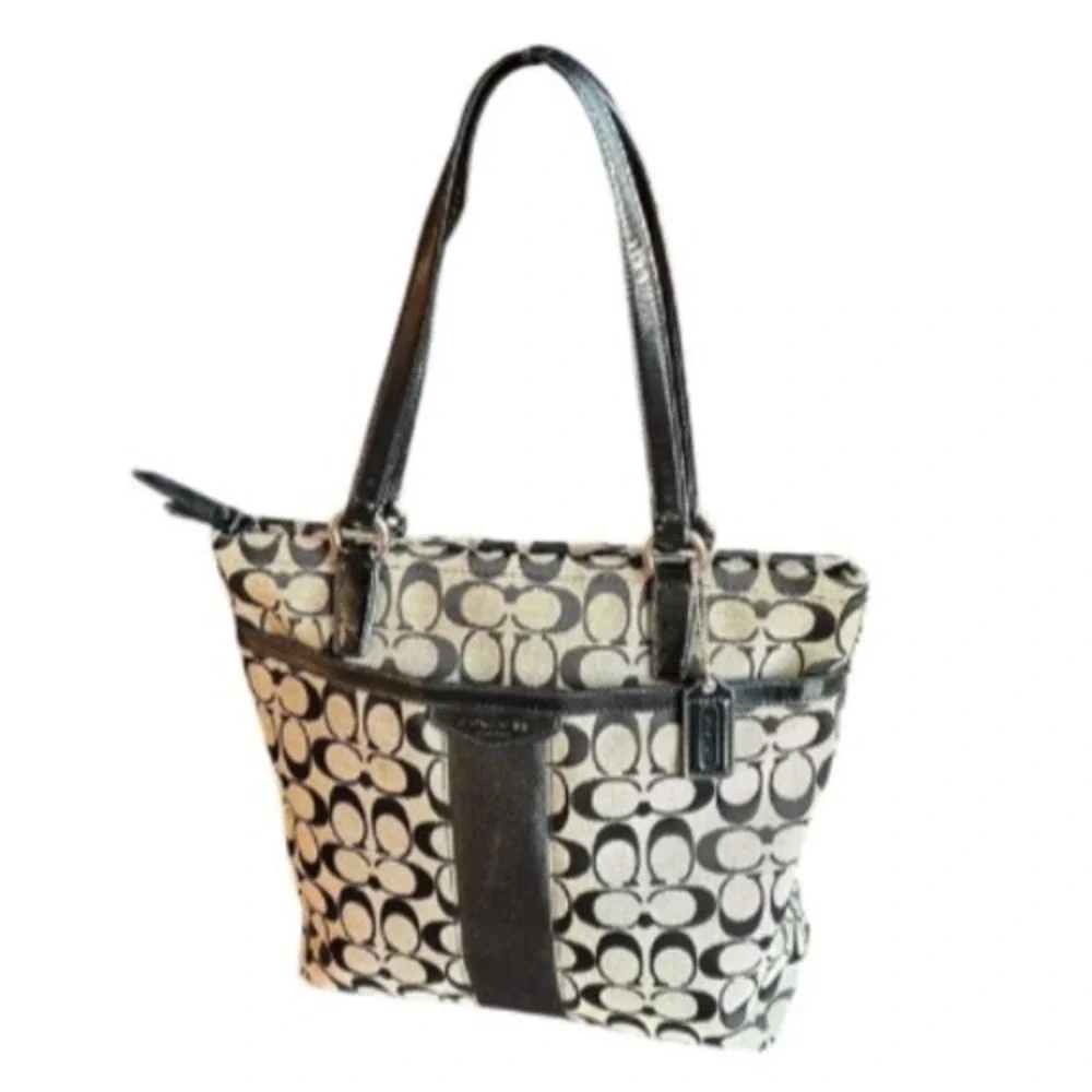 Coach‎ Signature Gallery Tote Black White Jacquard Patent Leather Shoulder Bag