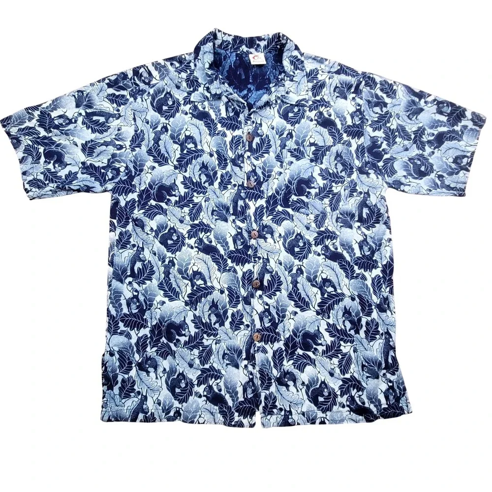 Blue Squirrel Oak Leaf‎ Print Short Sleeve Button Down Camp Shirt Mens Medium