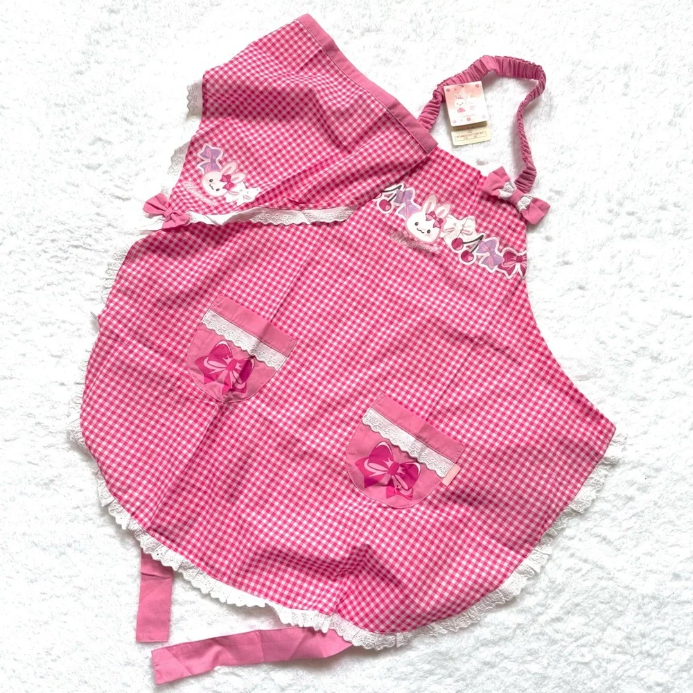 RARE New Mother Garden Usamomo Apron head scarf  130cm pink gingham lace bow