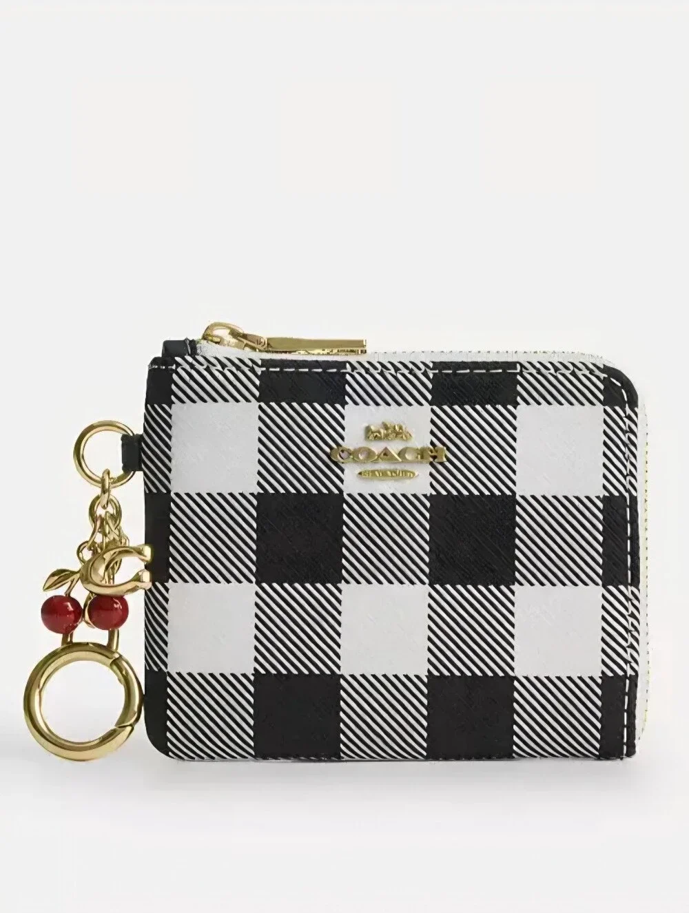 🍒COACH Black & White Gingham Corner Zip Wallet, Gold Hardware, Charms Included!