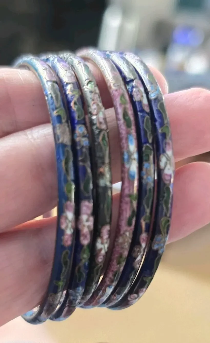 Vintage Cloisonne Enamel Floral Bracelets Set of 6 Multicolor Stackable 7.75