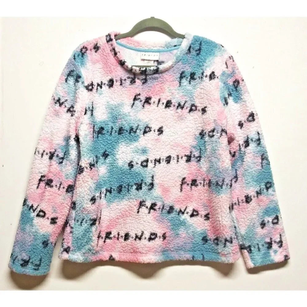 FRIENDS TV Show Sleepwear Pajama Top Womens Sz M Fleece Pink Blue FLUFFY SOFT