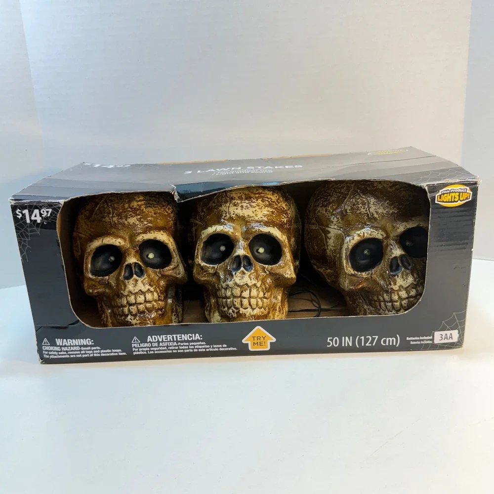 Magic Power Co Skull Lawn Stakes Halloween Decor Light Sound Set Of 3 Spooky