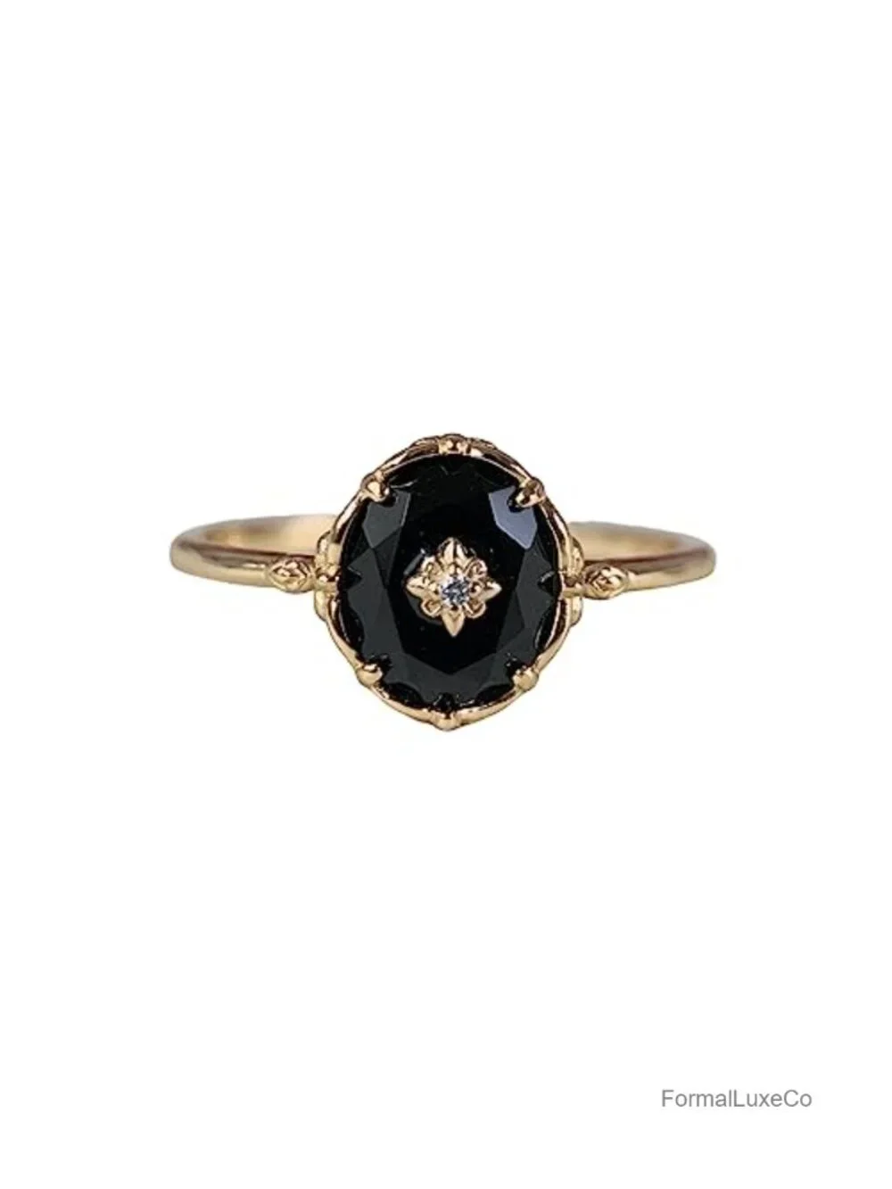 Gold Plated Black Onyx Solitaire Ring Women Vintage Art Deco Wedding Engagement