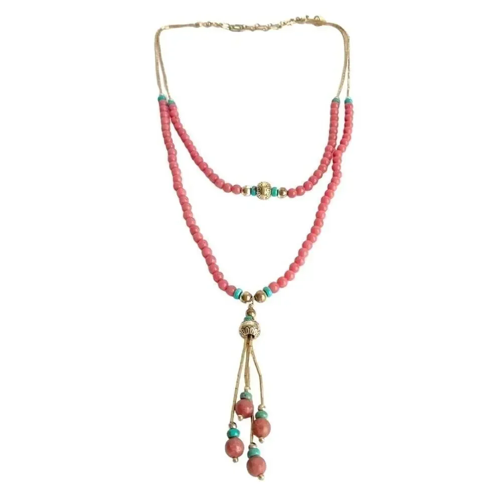 Carolyn Pollack‎ Pink Rhodonite Necklace Liquid Silver Turquoise Lariat QT Quoc