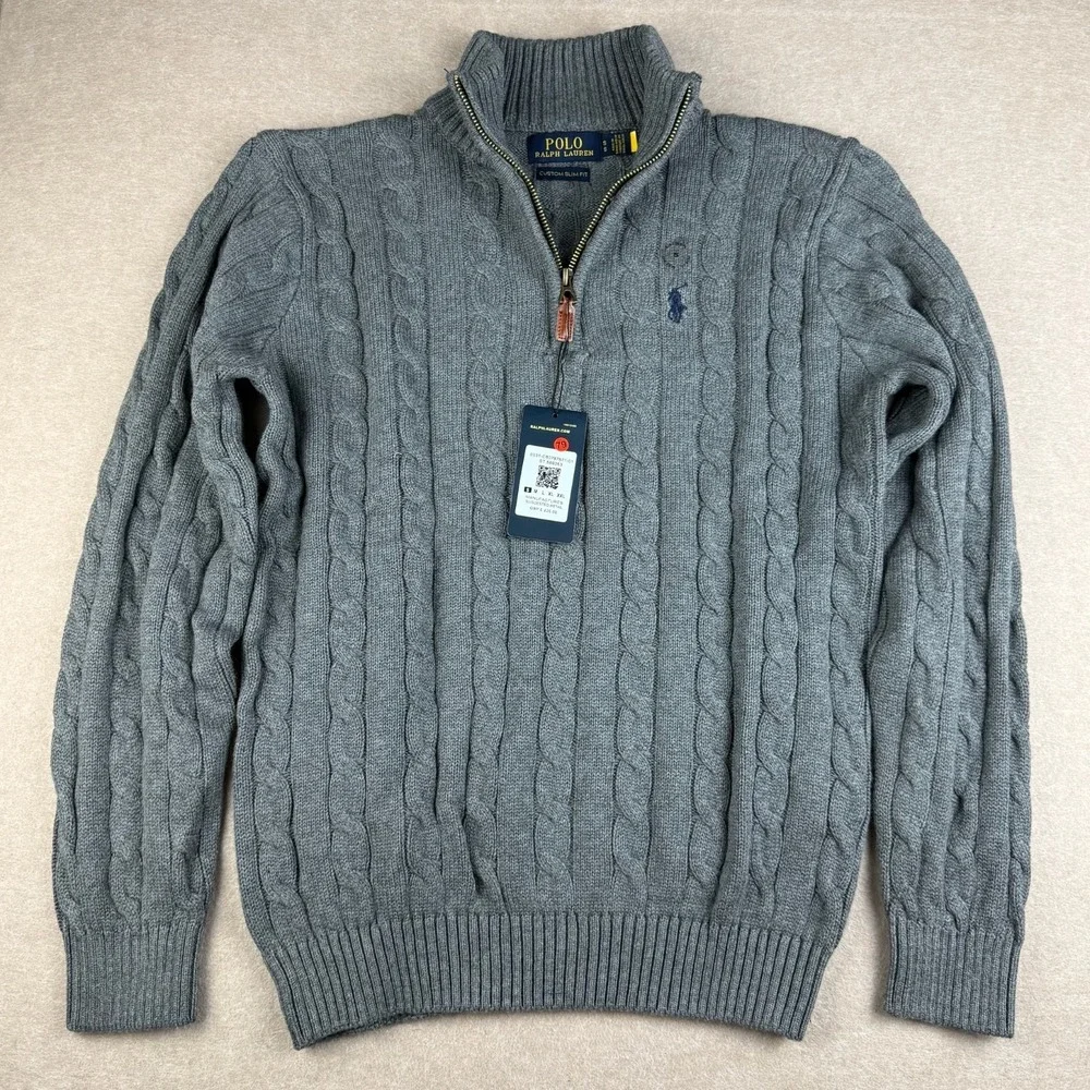 Polo Ralph Lauren Sweater Mens Small Custom‎ Slim Fit Gray Cable Knit 1/4 Zip