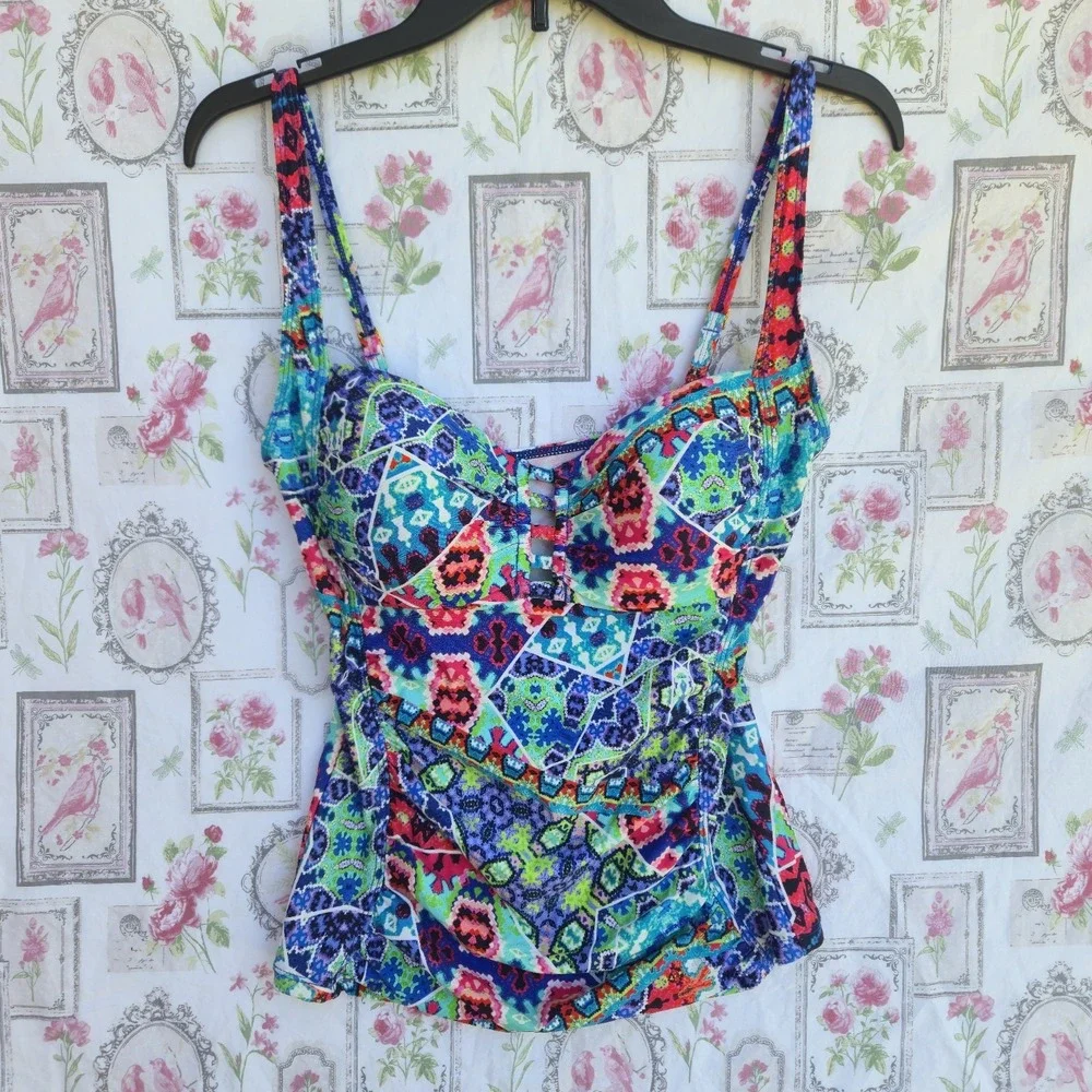 La Blanca Casa Azul Tankini Top Size 10 Multicolor Geometric Boho‎ Swimsuit