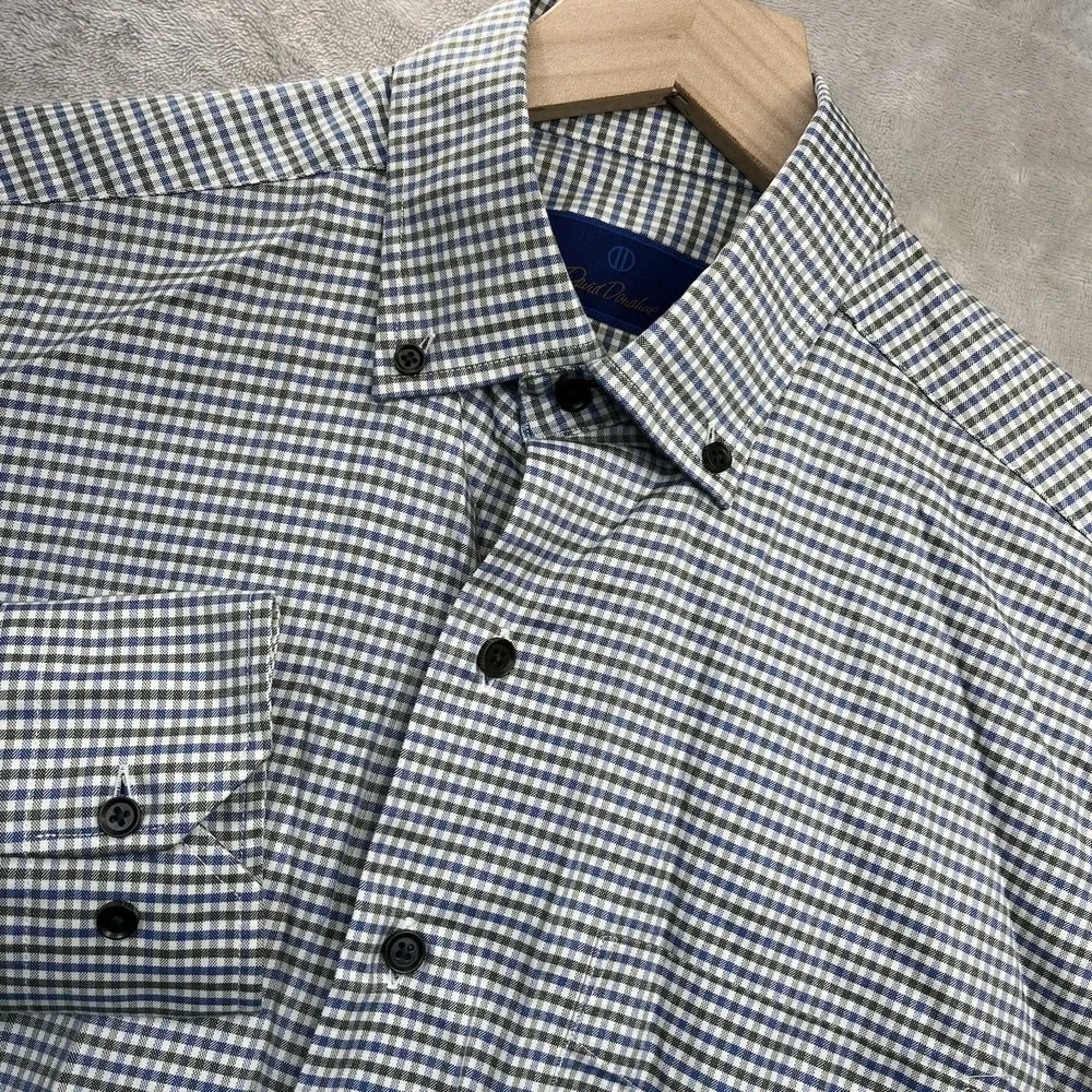 David Donahue Button Up Dress Shirt Mens M Blue Green Check Cotton Long Sleeve