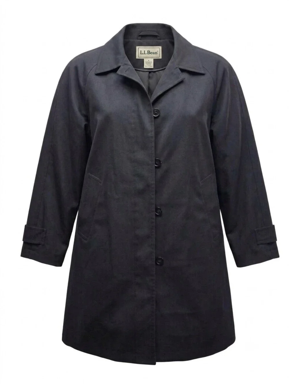 LL Bean Womens Petite Medium Black Trench‎ Coat Mid Length Button Front Jacket