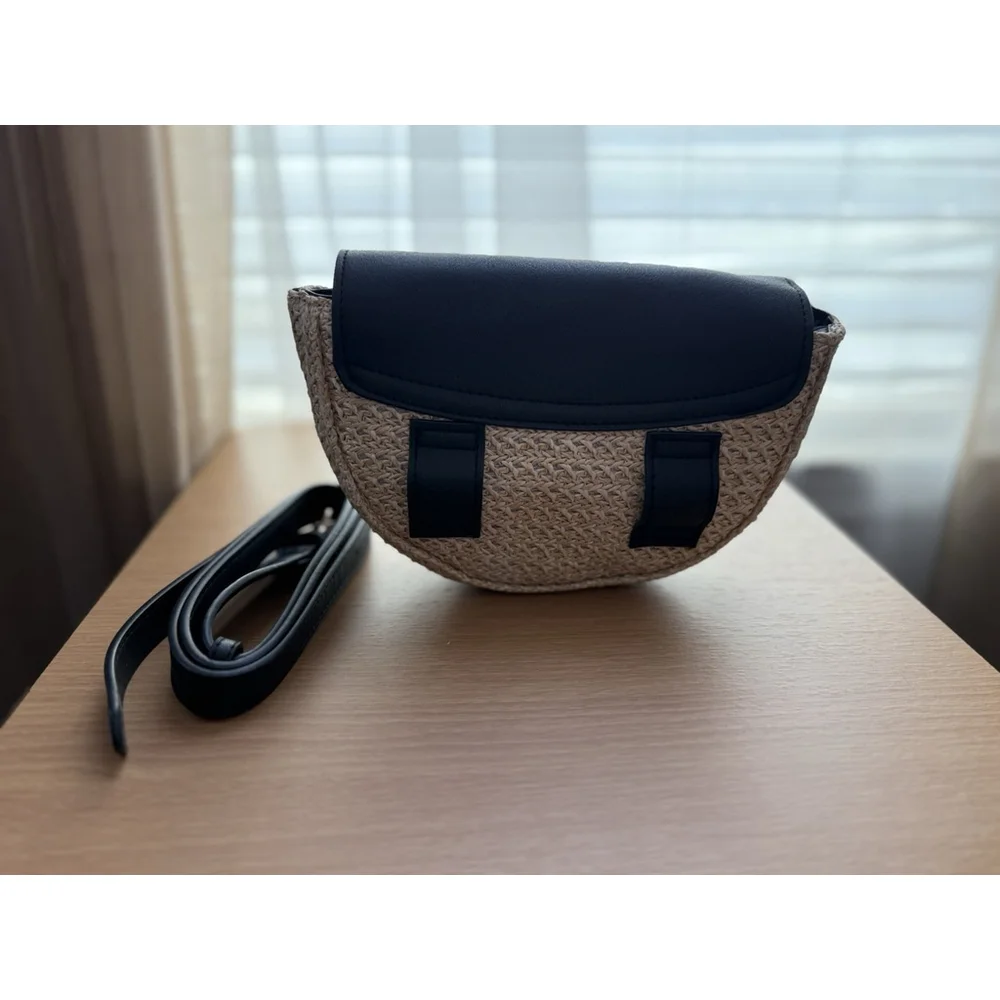 Black Faux Leather & Raffia Belt Bag Purse And Clutch Handbag Sz 1X ( 14 - 16 )