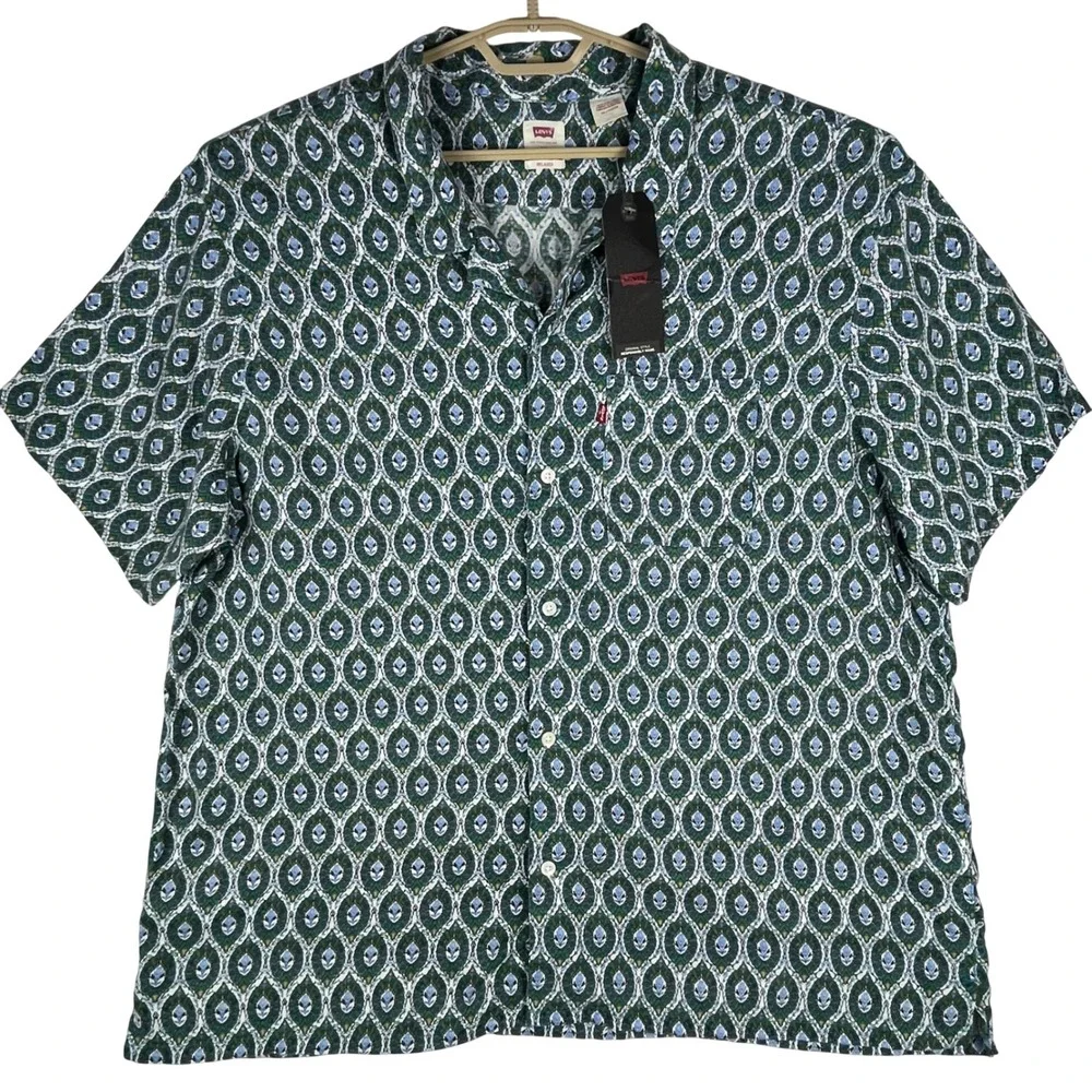 Levis Button Down Shirt Mens XXL Relaxed Fit Green Blue Geometric‎ Floral Print